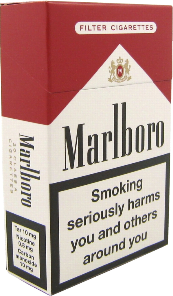 Marlboro cigarette packaging showing warning using legible font type, colour and size.